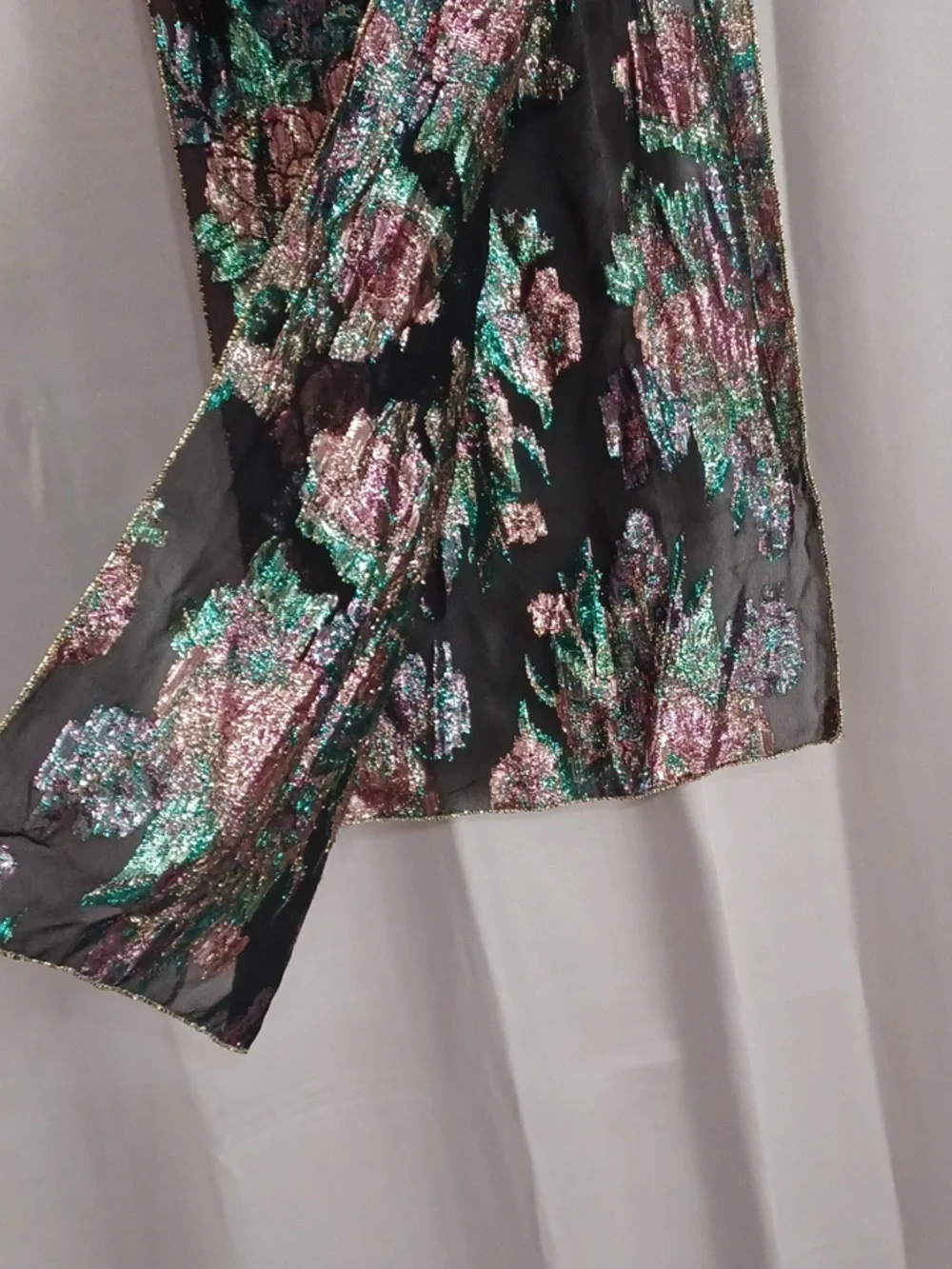 Black Metallic Floral Rosette Scarf Green Pink Gold 60×10